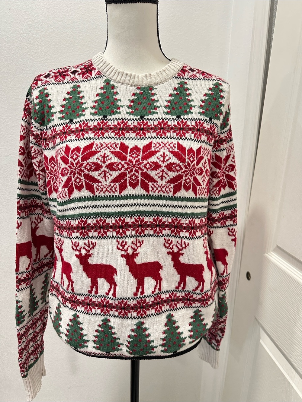 Women's Red & White Holiday Crewneck Sweater with Green Accents